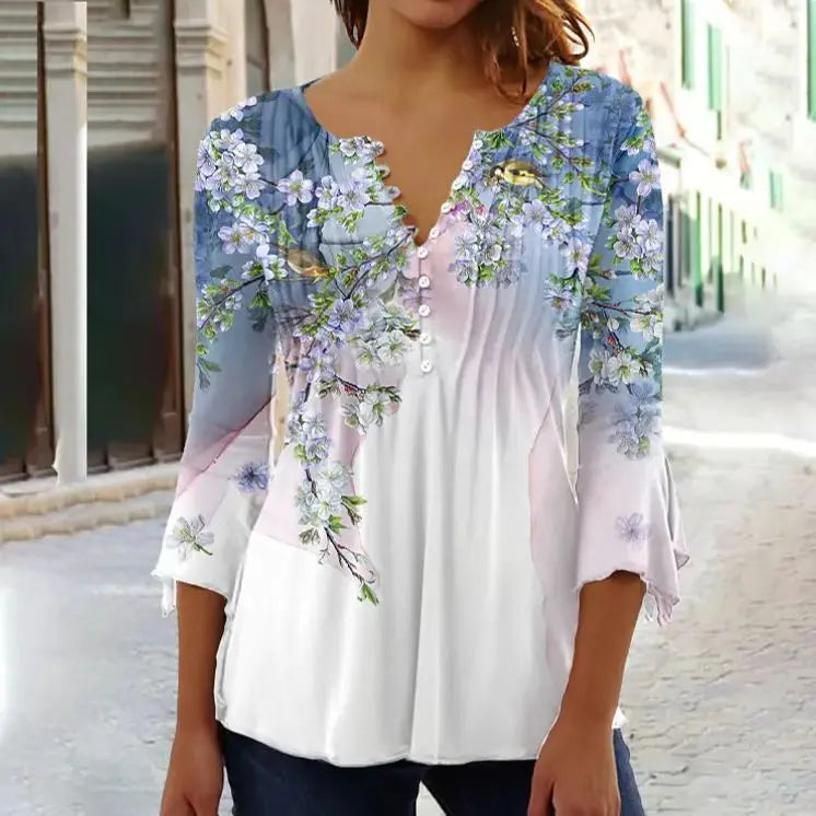 Sofia™ | Luftig Blommig Blus med Elegant V-ringning