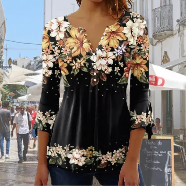 Sofia™ | Luftig Blommig Blus med Elegant V-ringning