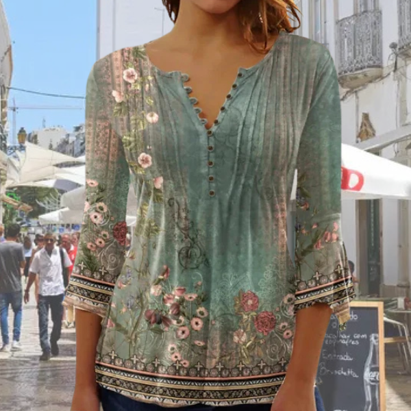Sofia™ | Luftig Blommig Blus med Elegant V-ringning